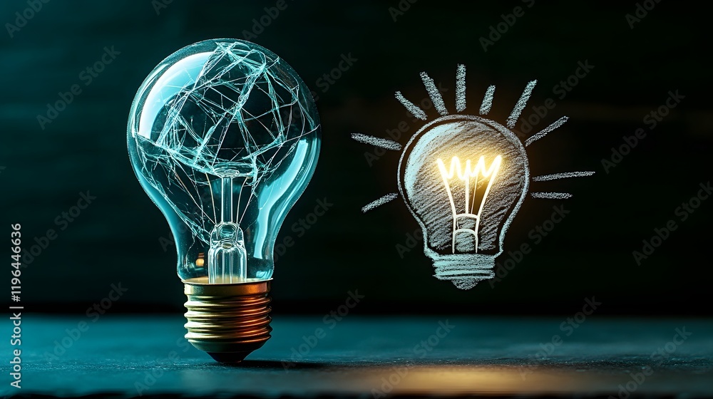 Poster contrasting broken and drawn light bulbs symbolizing innovation and problem solving