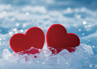 Two red and tender hearts float on the water, for Valentine's Day a symbol of love