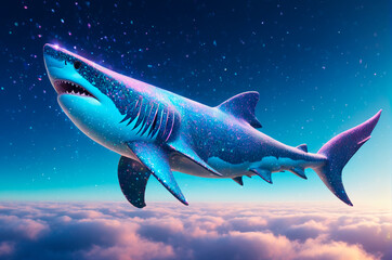 Fototapeta premium Holographic shark consisting of many particles in the sky. Generative AI.