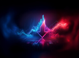 A vibrant neon arrow points down amidst dynamic, contrasting red and blue financial charts, symbolizing a market downturn.  The scene is dark and smoky, emphasizing the gravity of the decline.