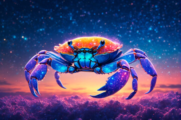 Holographic crab consisting of many particles in the sky. Generative AI.
