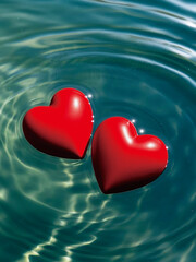 Two red hearts floating on the water, valentines day concept