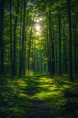 Sunlit Path Through Lush Green Forest Canopy