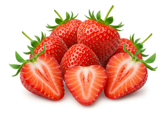 Fresh strawberries, whole and sliced, isolated on a white background with perfect retouching and full depth of field, featuring a true photo with clipping path