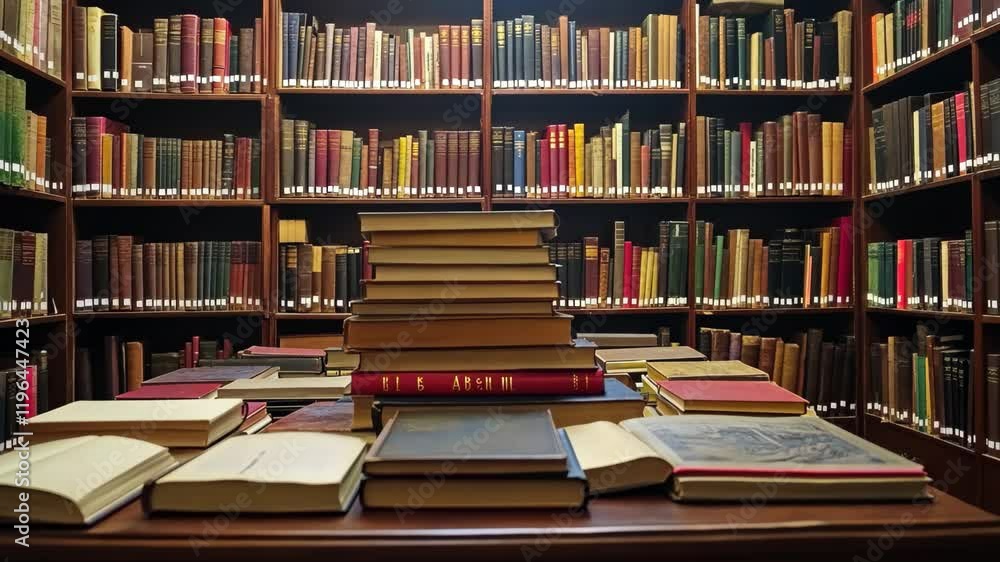 Poster books stacked on a table in a quiet library room during a timelapse of reading and study activities,