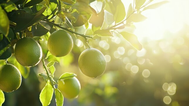 A lime tree with ripe, green limes hanging from the branches, glistening under the sun