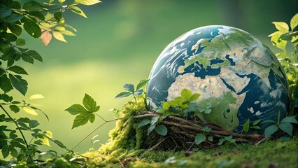 Earth covered by lush green leaves and plants symbolizing sustainable growth and environmental conservation for a greener planet
