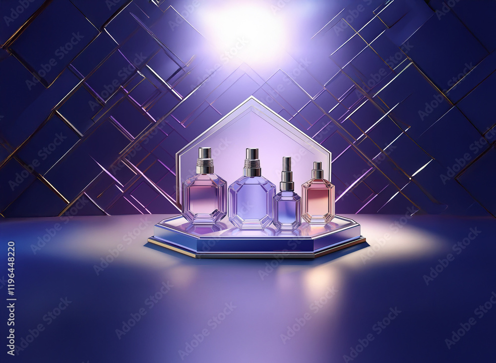 Aufkleber four elegant perfume bottles, varying in size and color, displayed on a hexagonal platform within a 