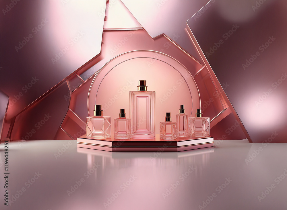 Poster a display of rose-gold perfume bottles on a hexagonal platform, set against a geometric backdrop of 