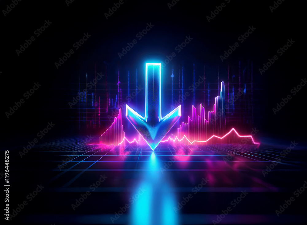 Poster glowing neon arrow points down against a backdrop of vibrant, dynamic graphs. the scene evokes feeli
