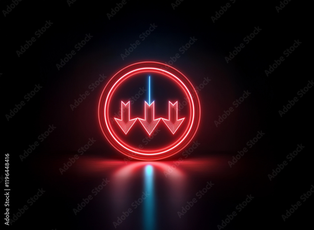 Poster glowing neon red circle with three downward arrows and a central blue line, reflecting on a dark sur