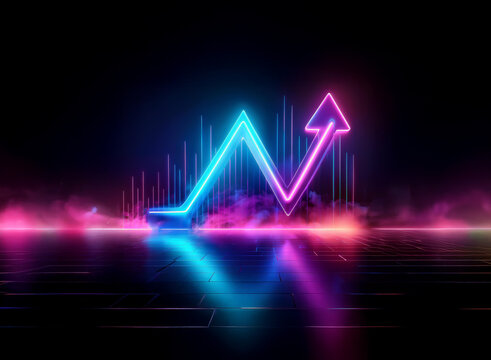 Neon arrow graph pointing upward amidst vibrant pink and blue smoke, signifying growth and progress on a dark reflective surface.  The image evokes a futuristic, technological aesthetic.