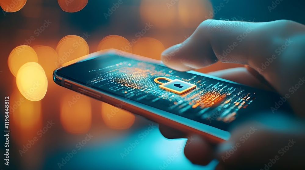 Aufkleber hand gripping smartphone with floating holographic shield and padlock for secure communication and