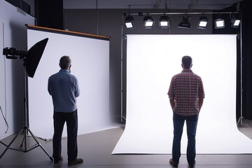 Two photographers monitoring bright studio lighting