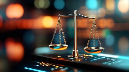Sophisticated AI Powered Legal Scales of Justice Illuminated in Urban Night Scene
