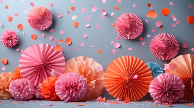Colorful Fan Display modern Chinese New Year decorations featuring colorful paper fans and streamers in shades of pink and orange on a muted gray background, with realistic high-definition textures.