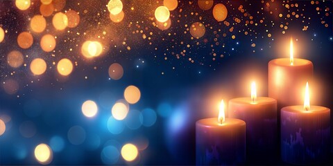 Purple candles lights bokeh effect dark background 