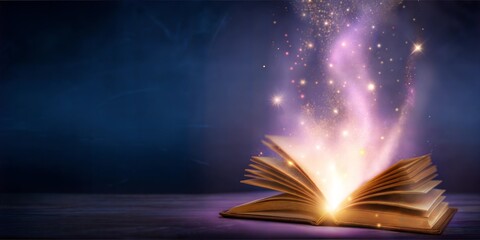 black magic book lights spell glitter dark background 