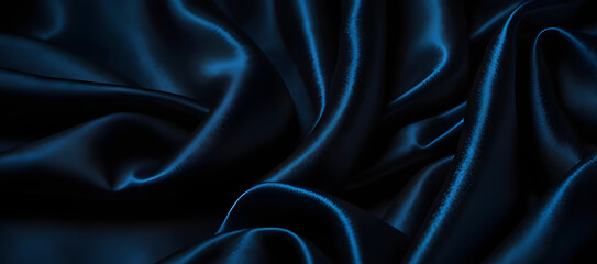 Obraz premium Black drapery silk fabric luxury background. Wavy abstract satin cloth vector texture pattern. Smooth shiny drape material curtain. Elegant velvet curve motion image realistic horizontal design.