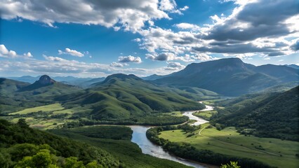 Fototapeta premium landscape with lake and mountains A panoramic view of a mountain range with lush green valleys and a winding river under a bright blue sky with scattered clouds.