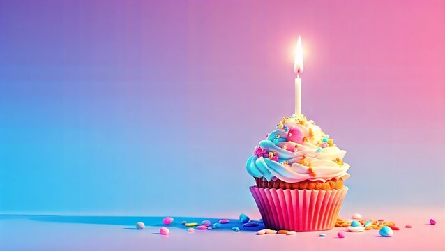 1 Cup cake birthday candle colorful background blank text copy paste mock up banner