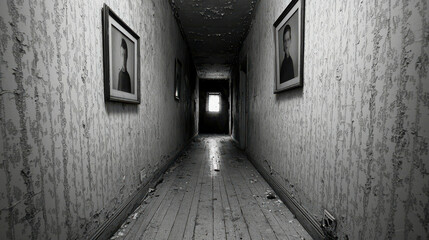 Obraz premium Dusty Hallway in an Abandoned House Surrounded by Forgotten Memories and Old Portraits