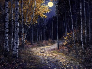 Obraz premium Moonlit path through autumn forest nature scene evening setting serene environment atmospheric viewpoint peaceful concept