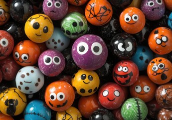 Colorful Halloween-themed bouncy balls with faces in various designs, featuring spooky and playful expressions against a vibrant background for festive activities.