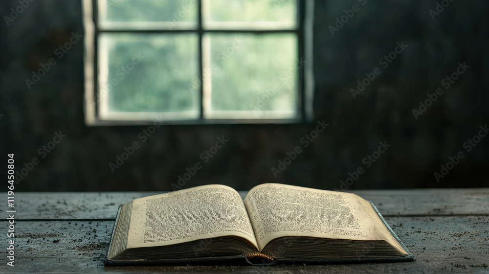 Poster open book with pages gently turning in soft light by a window in a cozy setting