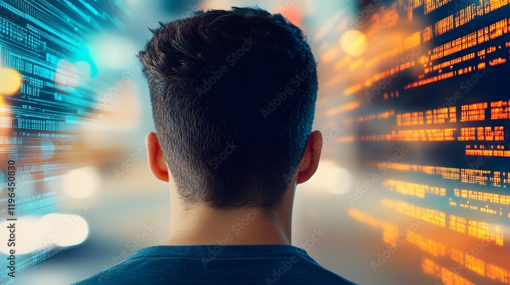 Poster back view of a person surrounded by digital neon lines representing innovation and data