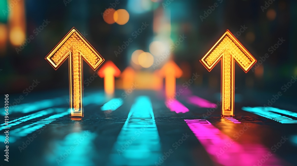 Poster glowing upward arrows in futuristic abstract design emphasizing advancement and progress