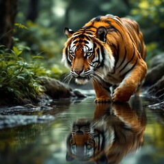 Fototapeta premium Majestic Bengal Tiger Stalking by a Jungle Stream with Reflection 