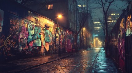 Night City Alleyway: Urban Graffiti Art Under the Glow of Streetlights