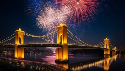 Obraz premium Illuminated Bridge with Vibrant Fireworks Display at Night