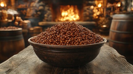 Rustic bowl chocolate cereal, fireplace background, tavern setting, breakfast