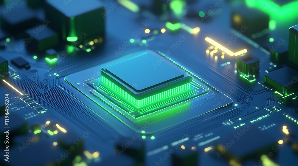 Poster close up of a glowing green cpu on a circuit board.