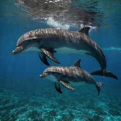 Naklejka premium Photograph a dolphin mother and calf swimming together.