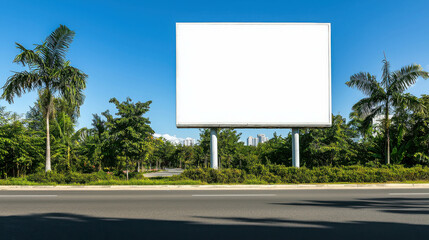 Blank Billboard Positioned Near Suburban Road Surrounded by Lush Green Trees and Clear Sky