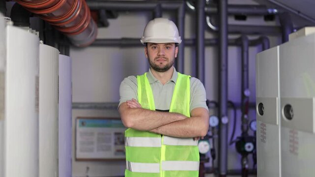 Confident bearded boiler room worker in a white helmet and safety vest stands with crossed arms in a boiler room.
