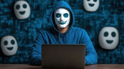 Mysterious Figure in Hoodie and Mask Working on Laptop with Abstract Background of Smiling Ghost Faces