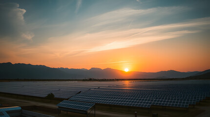 Fototapeta premium vast solar farm, mountains and sunset future eco-friendly | generative AI