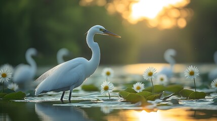 Naklejka premium A peaceful scene of wetlands with aquatic plants, migratory birds, and other wildlife thriving in balance
