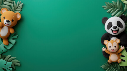 Cute Jungle Animals Banner with Panda and Bear on Green Background for Clean Designs