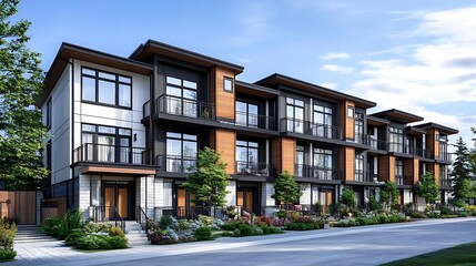 Fototapeta premium Modern townhouses with balconies, landscaping, and street view.
