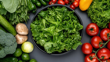 Obraz premium Fresh garden salad with vibrant vegetables, including lettuce, tomatoes, and cucumbers