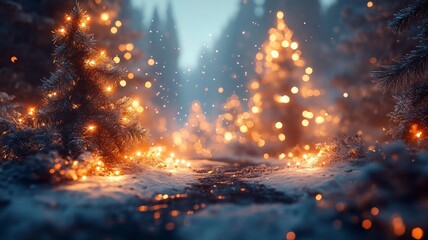 Enchanted Winter Forest Path with Glowing Lights