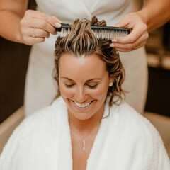 Naklejka premium Woman Enjoying Hair Treatment While Smiling in Beauty Salon with Professional Stylist Combing Her Wet Hair, Relaxing in Spa Atmosphere