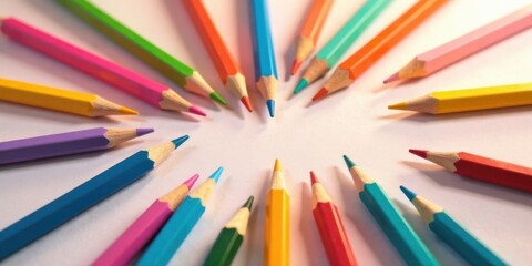 Fototapeta premium A vibrant array of colored pencils arranged in a circular pattern on a white surface, showcasing a spectrum of hues and sharp points, ready for creative expression and artistic endeavors.