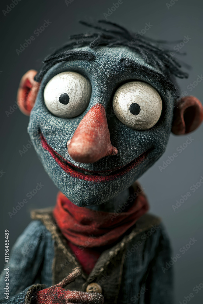 Aufkleber close-up of finely crafted expressive puppet with unique facial features and texture