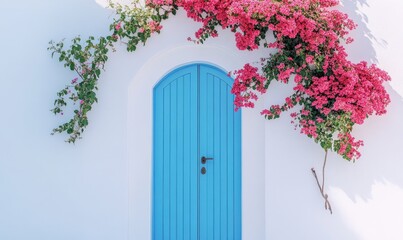 White walls and blue doors, red flowers at the entrance © fanjianhua